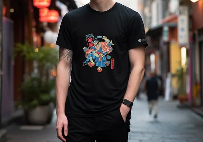 Black Kitchen Samurai T-shirt printed with Gerhard Human’s illustration, worn in a city street.